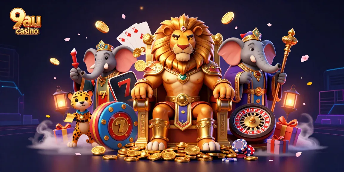 Engage with the vibrant 9au casino scene featuring a royal lion king amidst dynamic gaming elements.