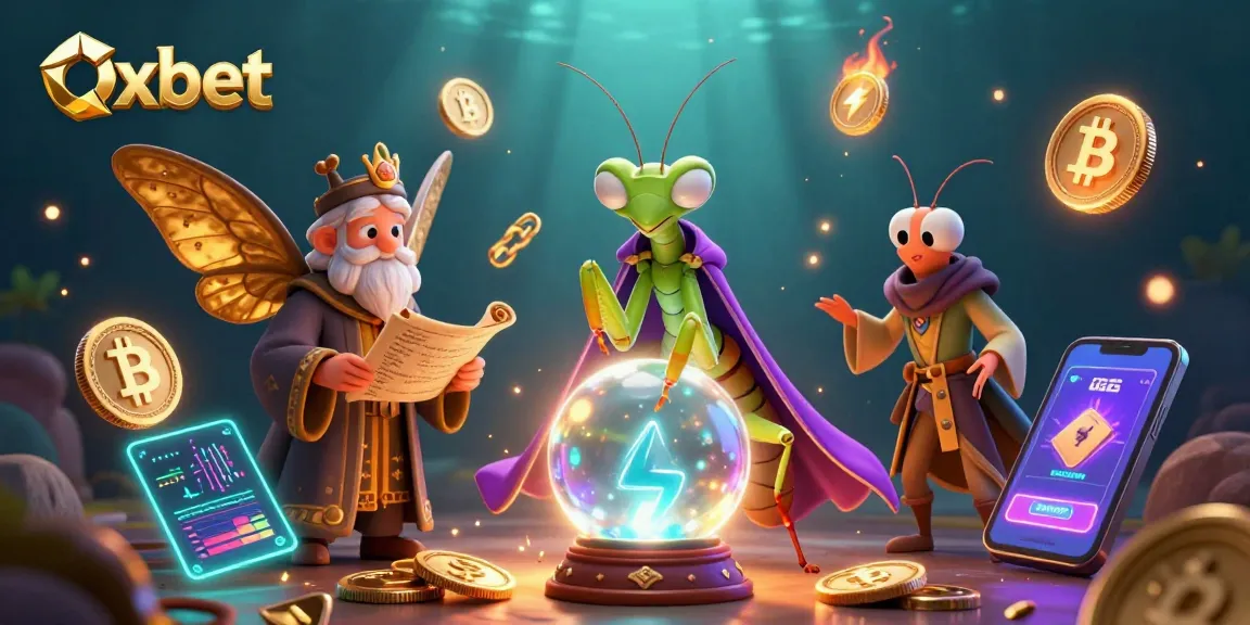 Engage with Oxbet, featuring a vibrant 3D fortune teller scene filled with cryptocurrency elements and whimsical characters.