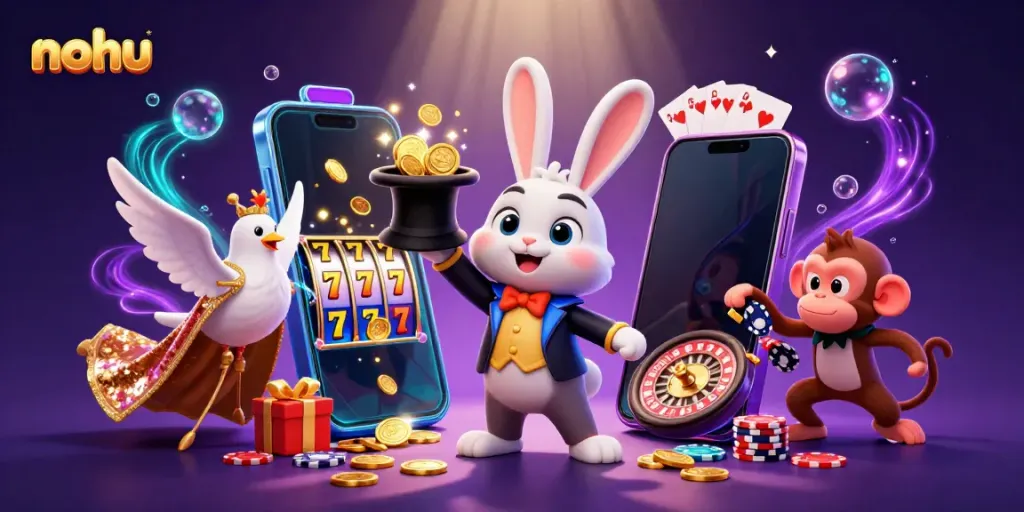 Experience nohu excitement with a dynamic scene of a magician rabbit, dove, and monkey among slot game elements.
