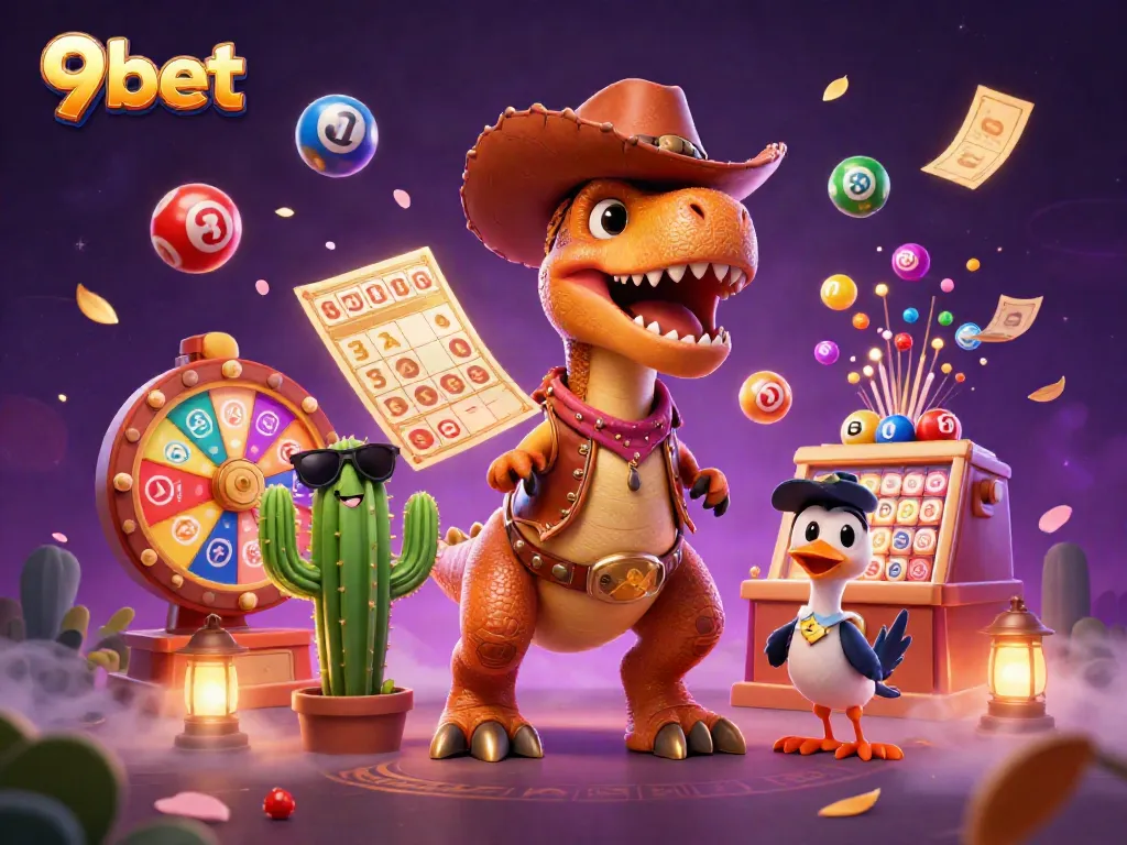 Engage with 9bet's dynamic gaming experience featuring a colorful 3D environment with vibrant lottery elements.