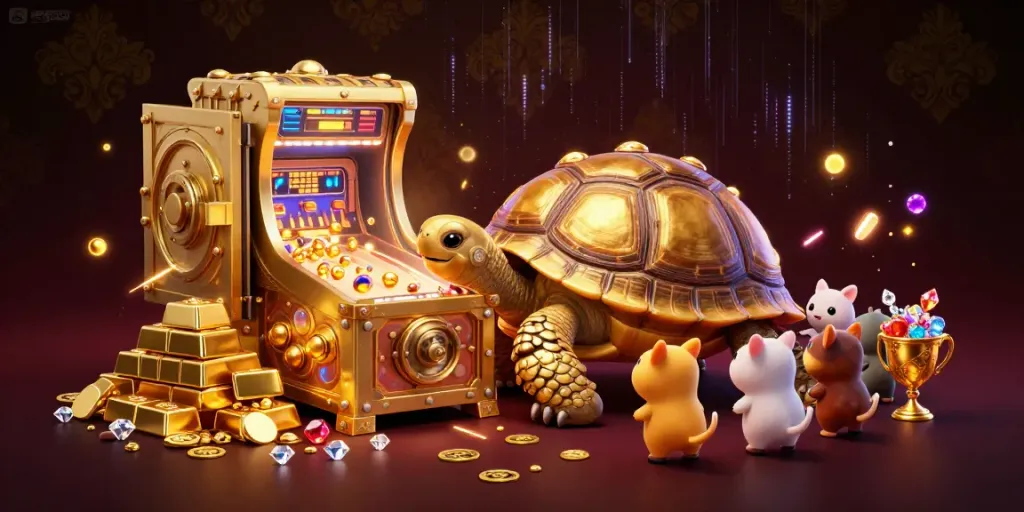 Experience thrilling gameplay in the slot gacor world with a vibrant golden tortoise pinball machine illustration.