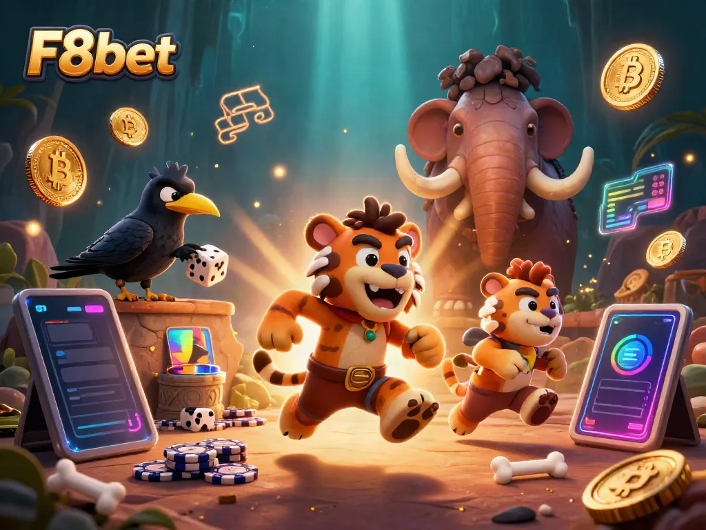 Play at F8bet's prehistoric casino showcasing cavemen and a saber-tooth in an exciting scene.