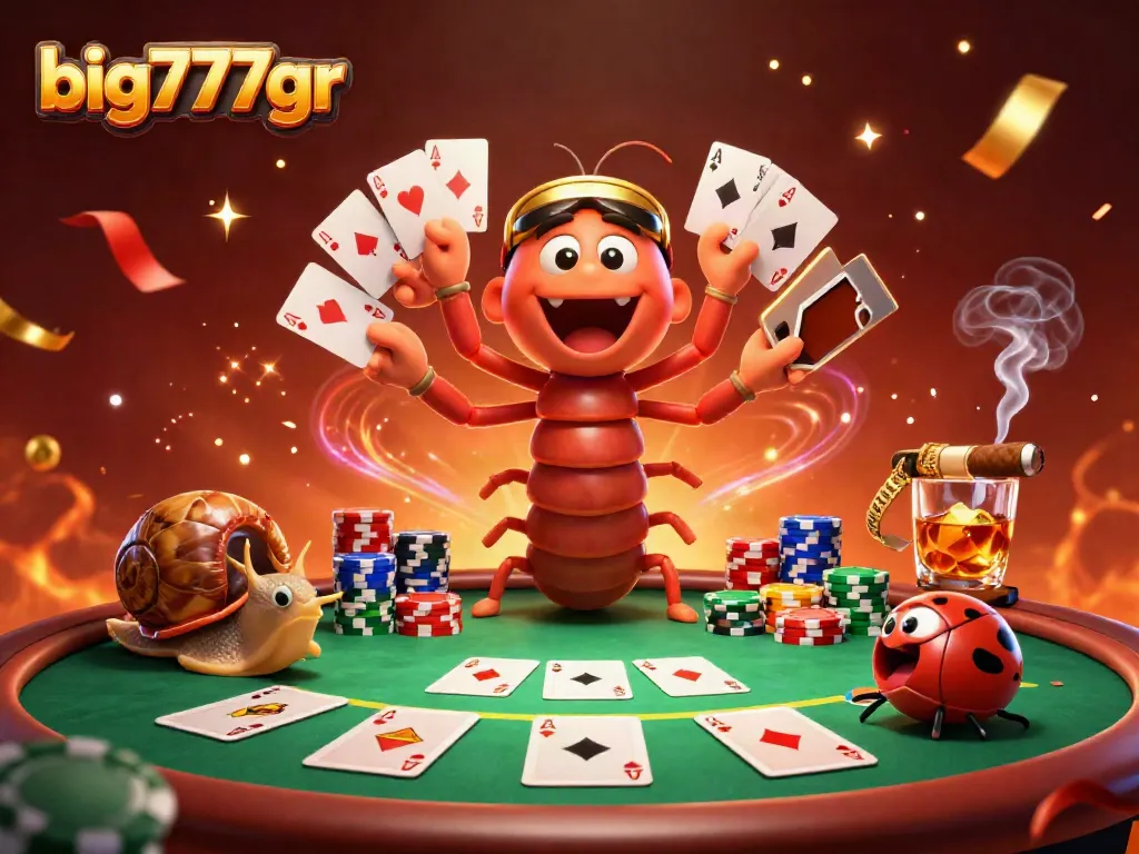 Experience excitement at big777gr with a cartoon millipede dealer and high-roller casino scene featuring colorful chips.