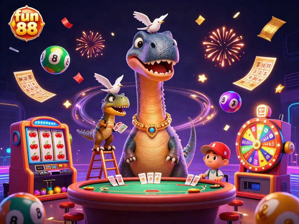 Experience fun 88 action with a brontosaurus and raptor in a lively casino setting.