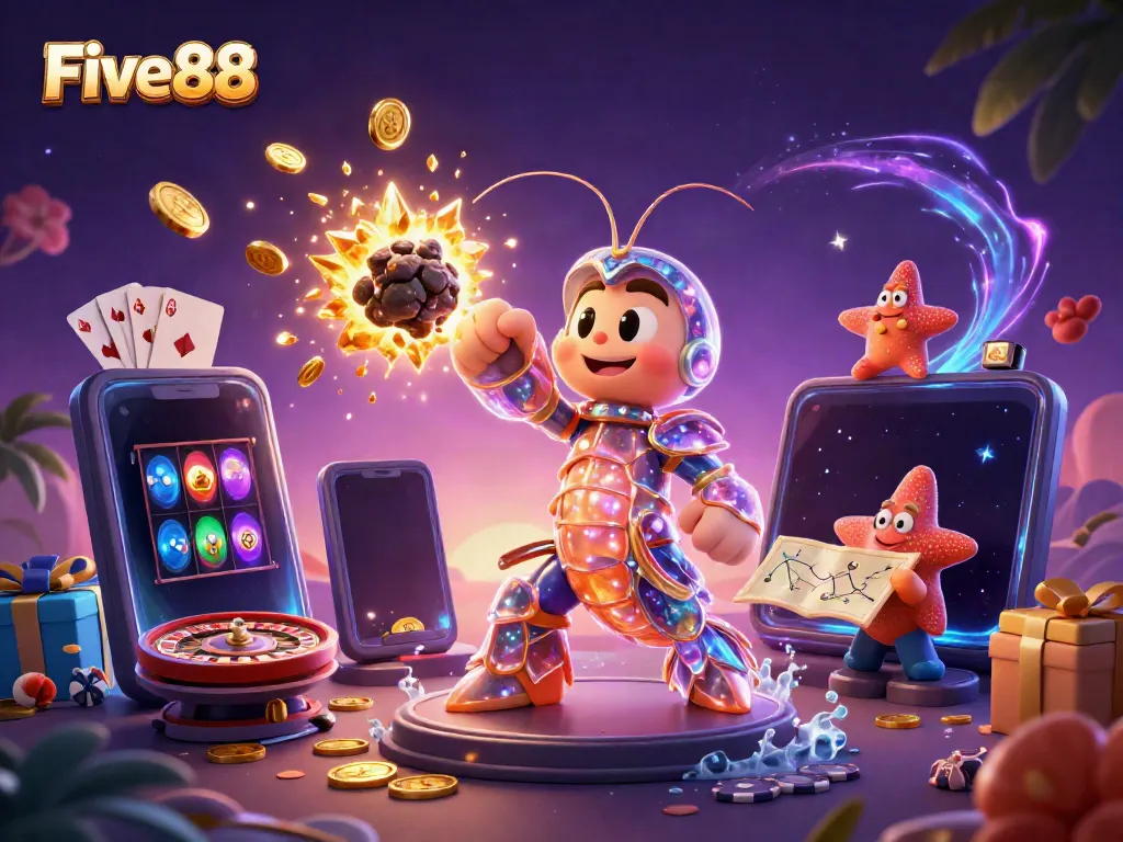 Engage in thrilling gameplay at Five88 with a galactic mantis shrimp and vibrant casino elements coming alive.