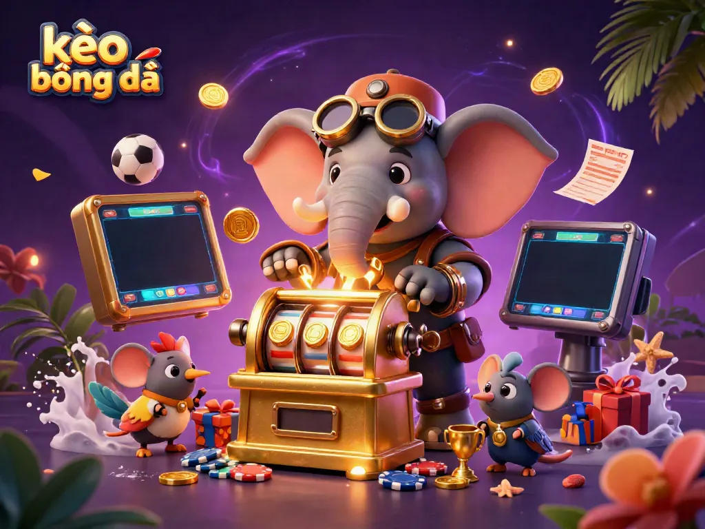 Engage with kèo bóng đá as a steampunk elephant engineer operates a golden slot machine amidst dynamic sports betting elements.