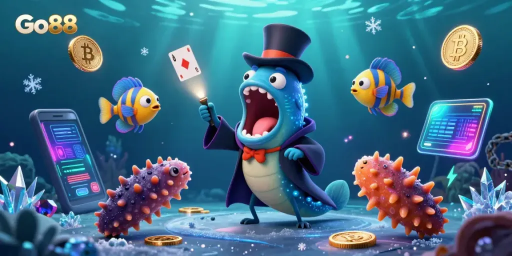 Engage with Go88's immersive 3D casino scene featuring a magical underwater spectacle.