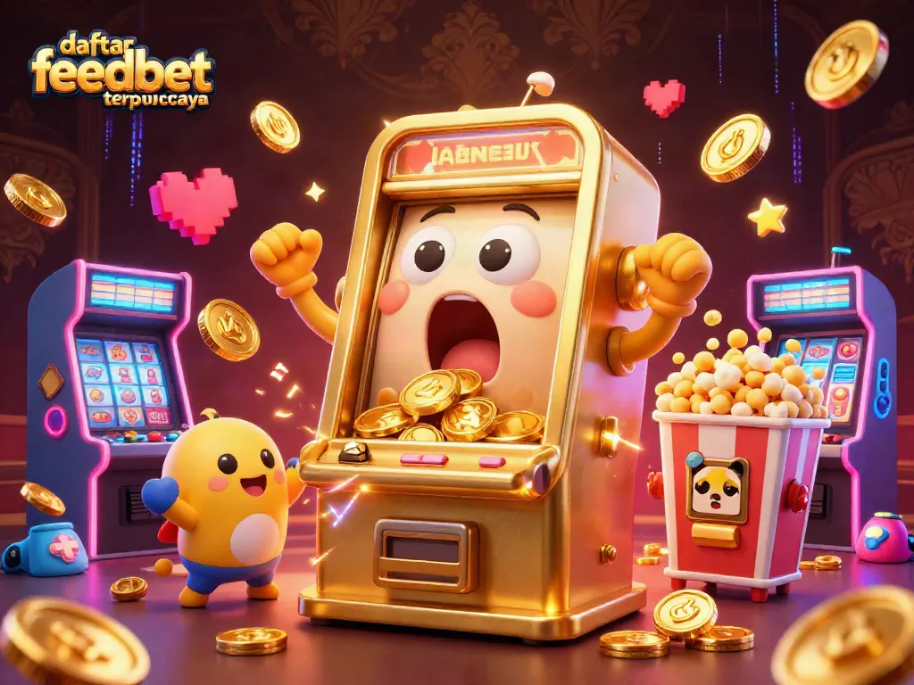 Experience the excitement of daftar feedbet terpercaya with a lively 3D slot machine scene celebrating big wins!
