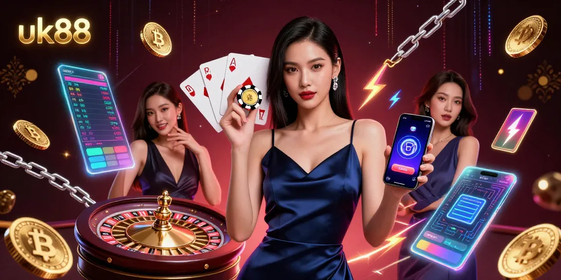 Boost your gaming experience with uk88, featuring a stunning Asian woman exploring casino bets and crypto options.