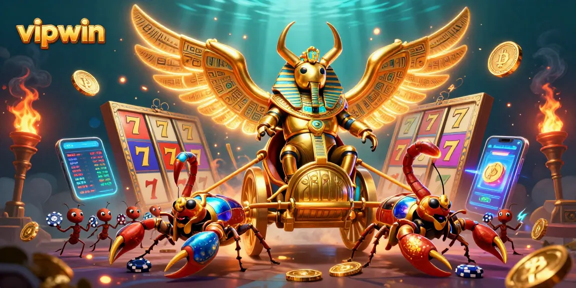Experience excitement at vipwin with vibrant slot machines, golden scarab, and glowing crypto coins.