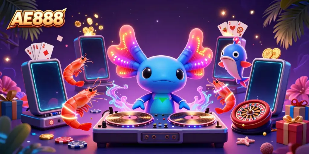 Experience the AE888 casino scene with a vibrant DJ and lively characters amidst dynamic game elements.