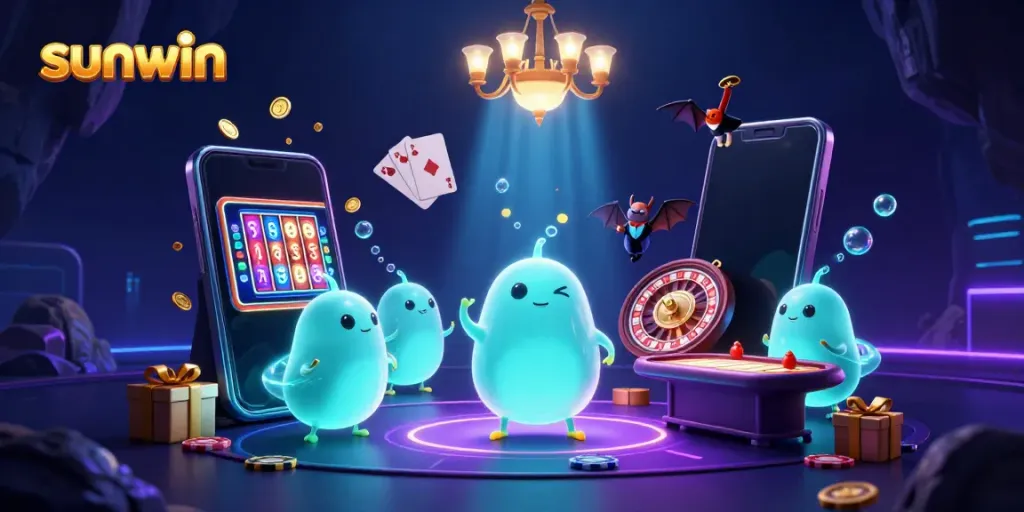 Sunwin glows in an immersive casino scene with cartoon glowworms and vibrant game elements.