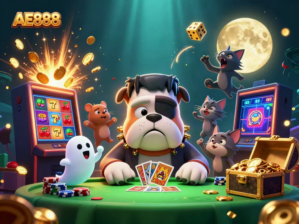Experience thrilling gameplay at AE888 with a lively casino scene featuring unique characters and games.