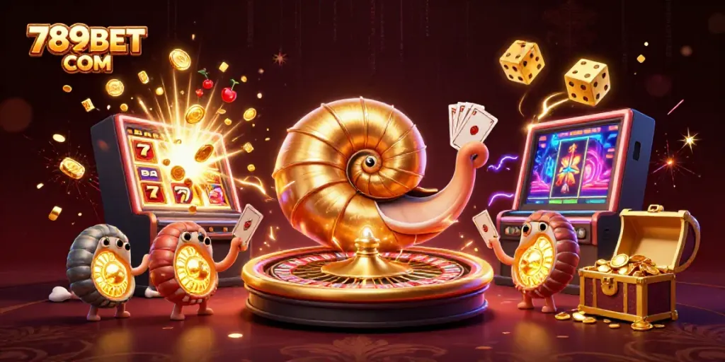Engage in thrilling games at 789BET COM with a vibrant 3D illustration featuring roulette and slots.