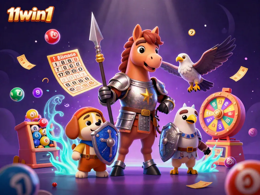 Experience thrilling games at 11win1 with a dynamic scene of medieval characters amidst colorful gambling elements.
