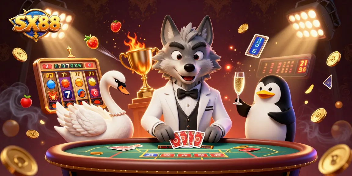 SX88 showcases a debonair wolf at a baccarat table surrounded by vibrant gaming elements.