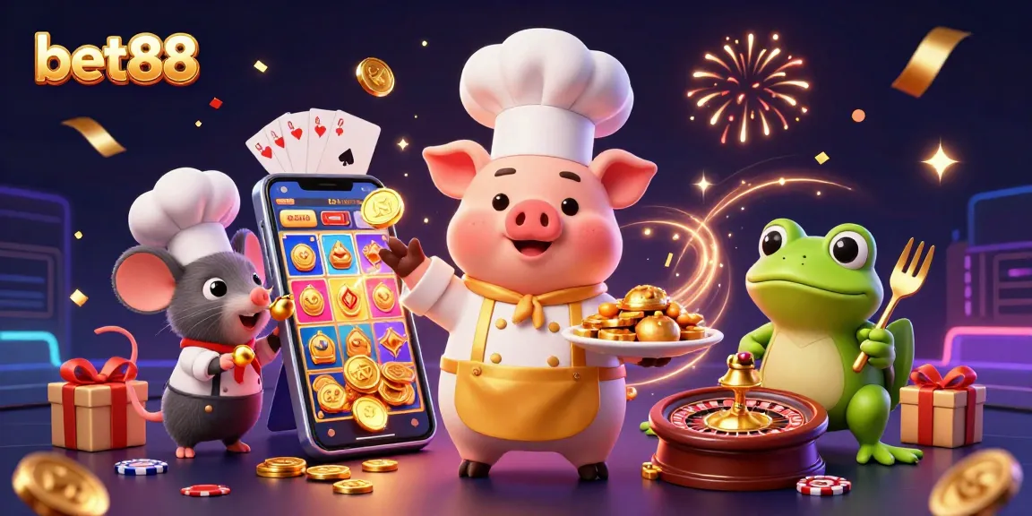 Experience the excitement of bet88 with a cartoon chef in a colorful casino scene featuring gold coins and slot games.