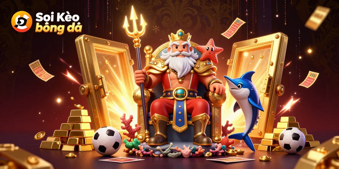 Engage with Soi Kèo bóng đá in this vibrant sports betting illustration featuring Neptune and treasure.