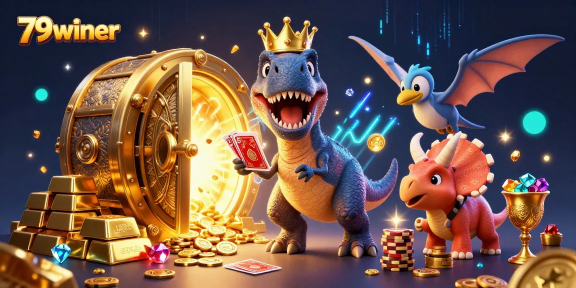 Experience 79winer's thrilling gaming scene with animated characters showing off card skills and golden treasures.