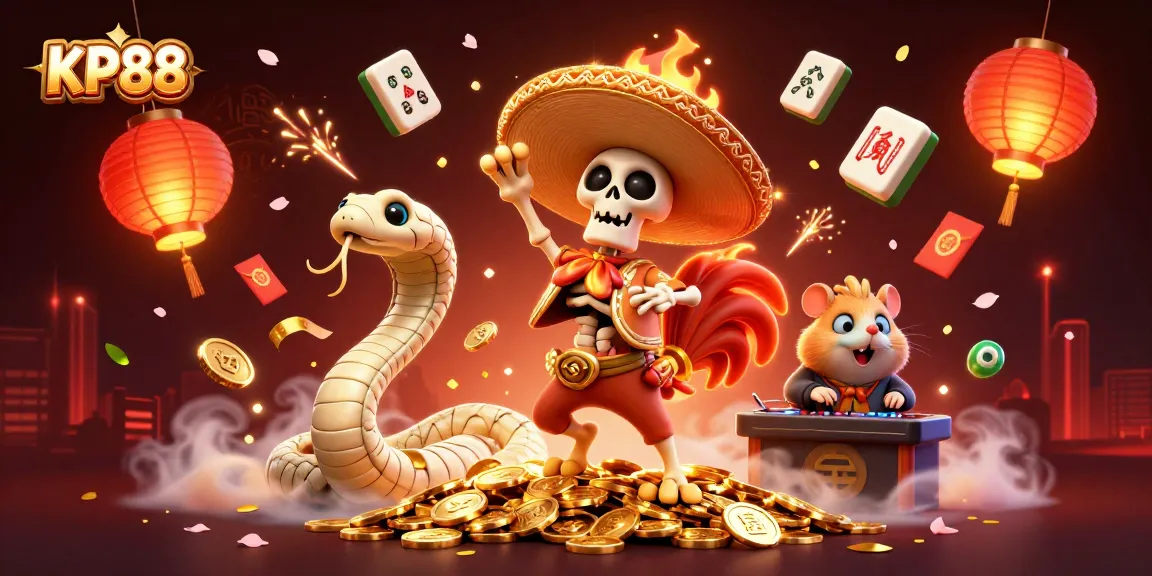 Experience the excitement with KP88 at the lively online casino featuring vibrant characters, dynamic gambling elements, and golden treasures.