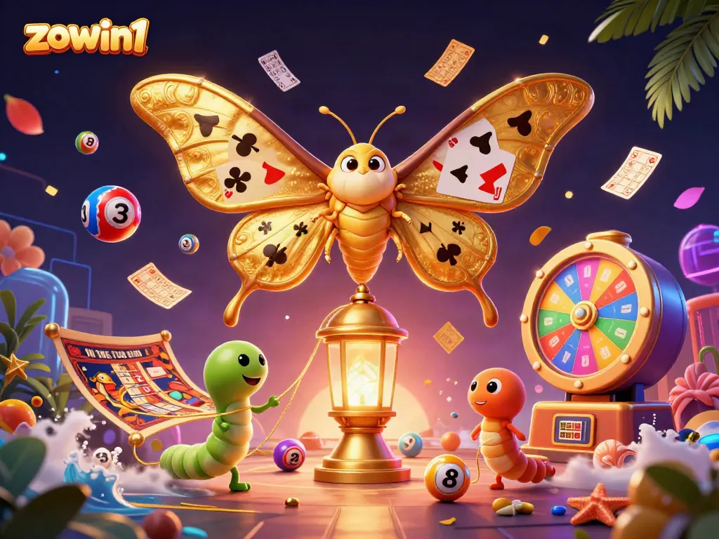 Experience vibrant casino action with the zowin1 moth character amidst dynamic lottery scenes and golden elements.