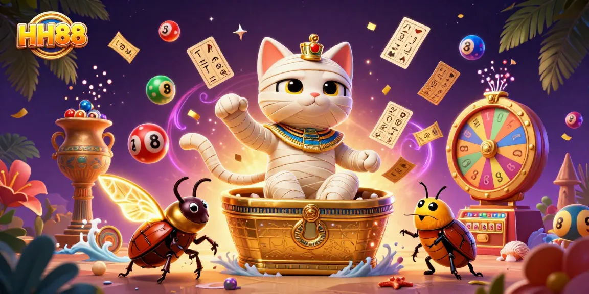 Play exciting games at HH88 casino, featuring a vibrant illustration of a mummy cat and dynamic game elements.