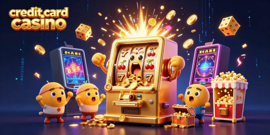 Exciting scene capturing a credit card casino where animated slot machines celebrate a jackpot, filled with coins and vibrant game elements.