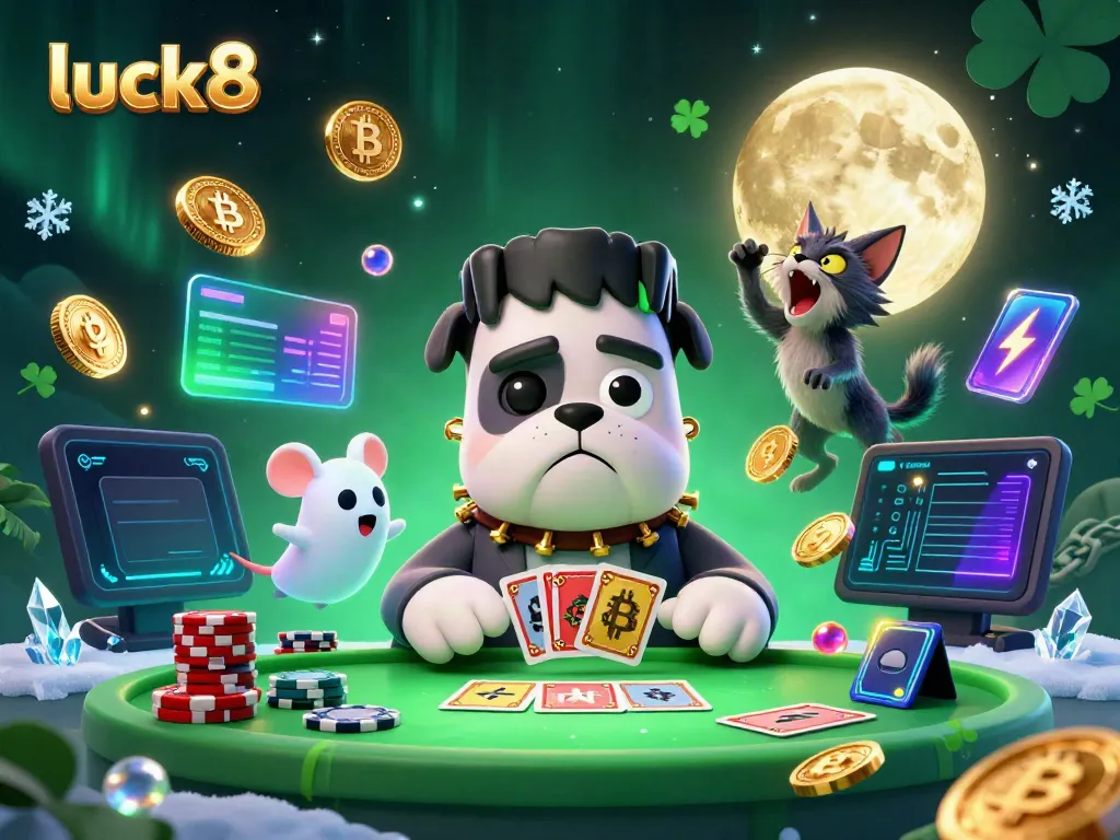Engage with luck8's thrilling atmosphere as a Frankenstein bulldog monster deals cards amidst crypto elements.