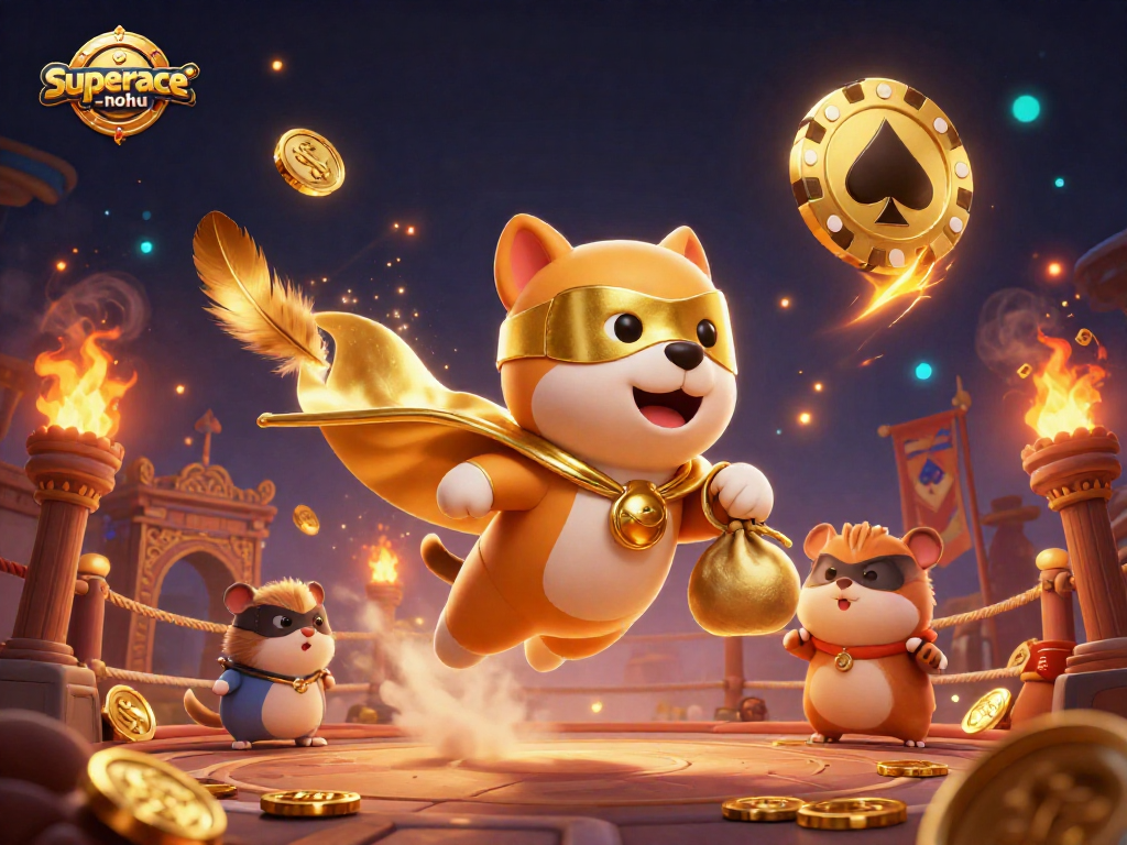 Experience the excitement of superace-nohu with this dynamic 3D illustration featuring a superhero dog and hamster.