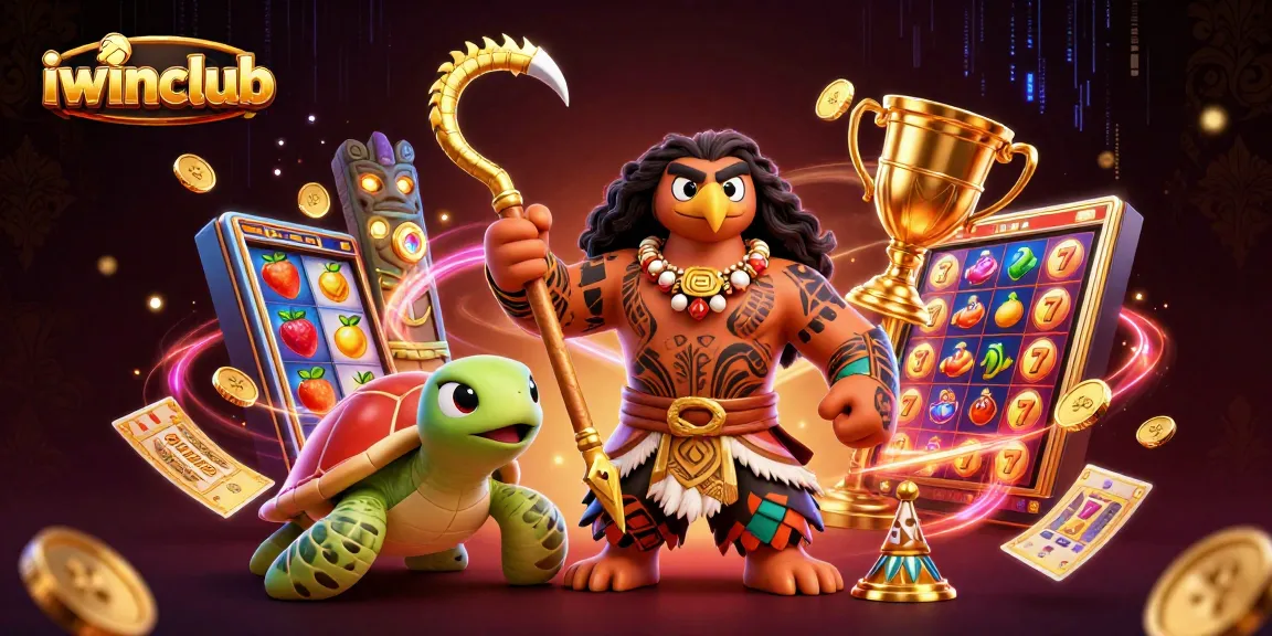 Iwinclub brings excitement with a Polynesian demigod, turtle, and vibrant slots in a casino setting.