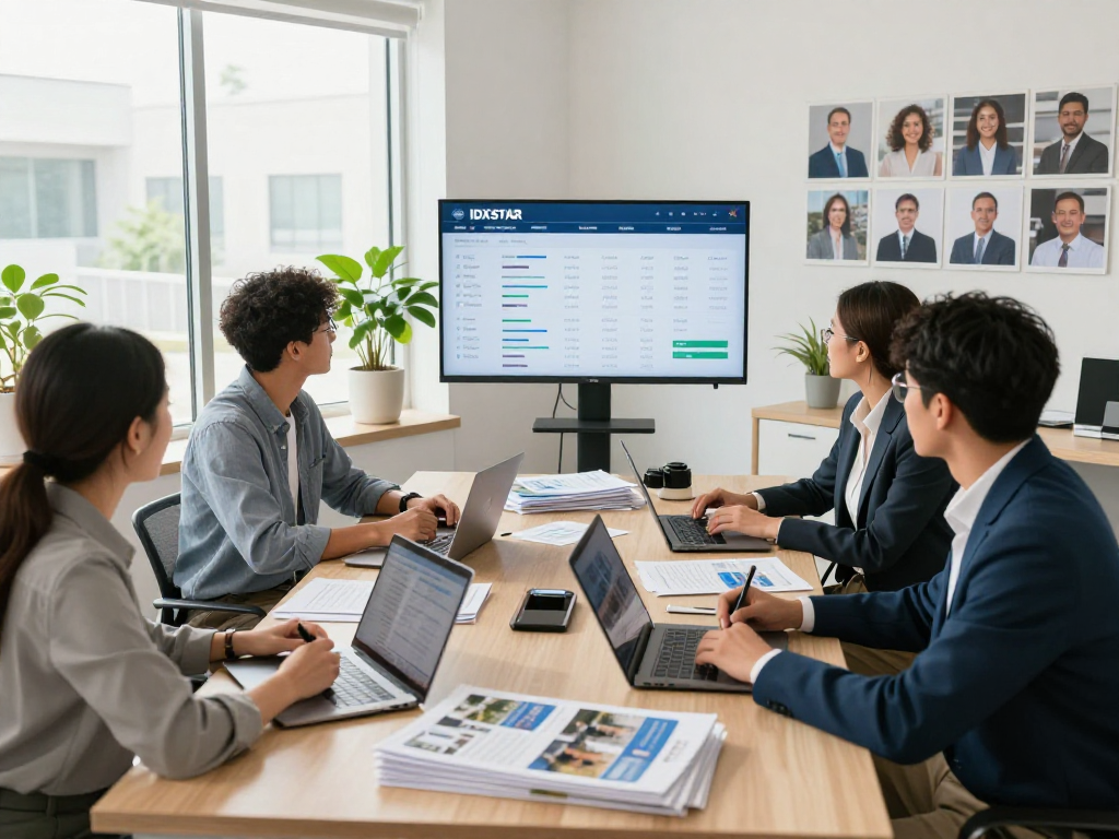Real estate professionals collaborating around the IDXSTAR platform in a vibrant office setting.