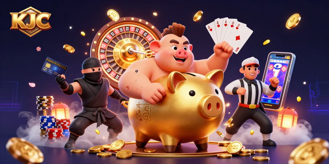 KJC's vibrant casino atmosphere with a golden piggy bank sumo wrestler amidst cascading coins and sparkling gems.