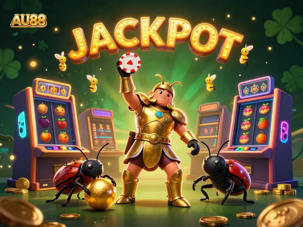 Win big at AU88 with a 3D gladiator beetle celebrating a jackpot, surrounded by vibrant slots.