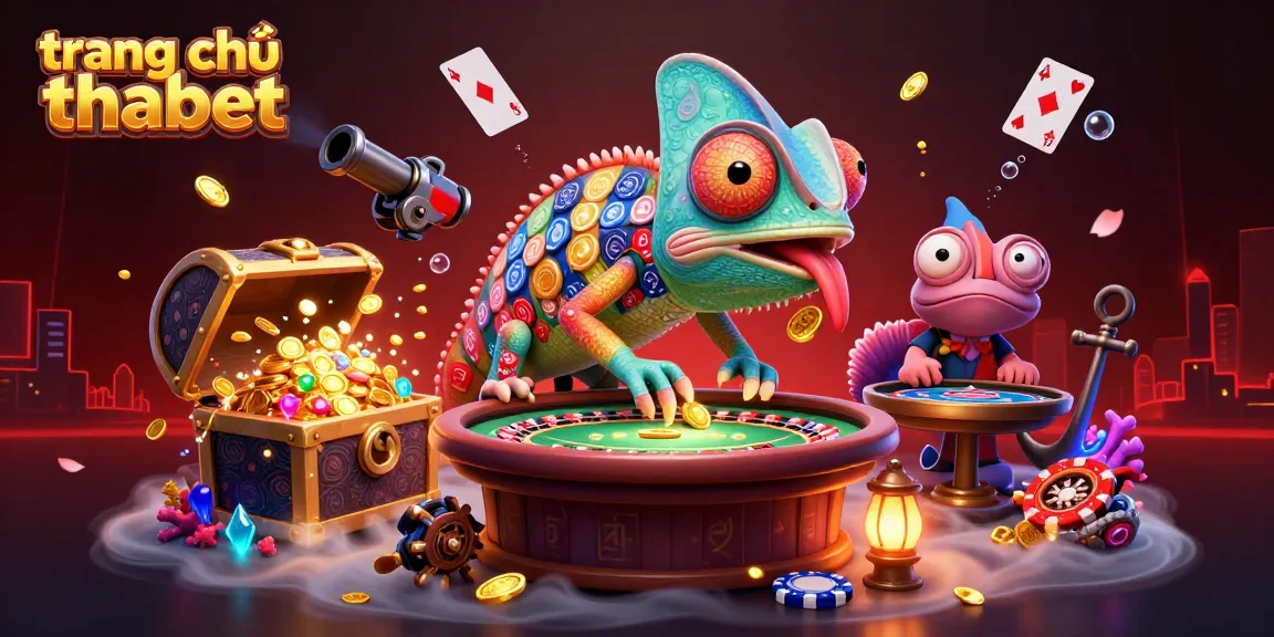 Experience the vibrant action on trang chủ thabet, featuring a chameleon casino owner amidst dynamic game elements.