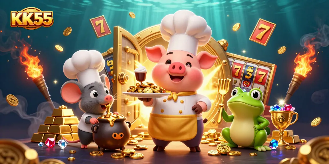 KK55 showcases an exciting 3D scene with a chef pig, gold coins, and dynamic slot elements.