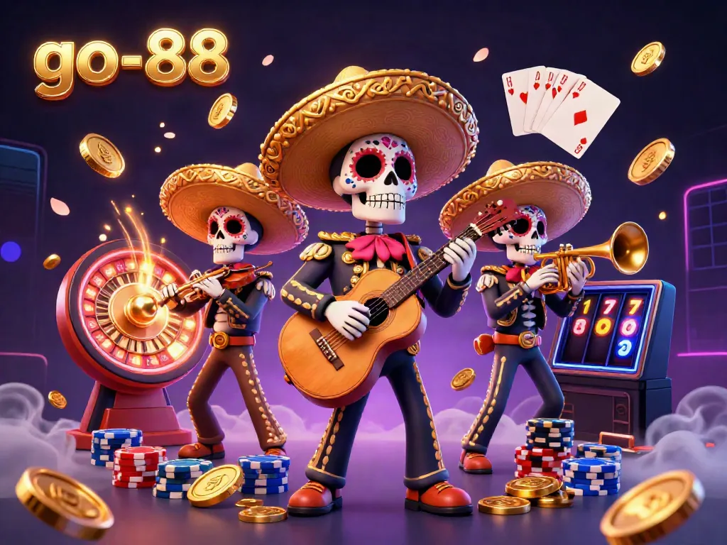 Experience thrilling wins at go-88 with vibrant visuals of a mariachi band amidst cascading coins and a spinning roulette wheel.