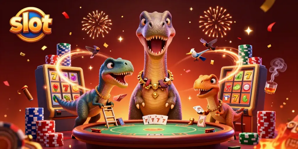 Spin the slot reels alongside a massive brontosaurus watching over an exciting casino scene.