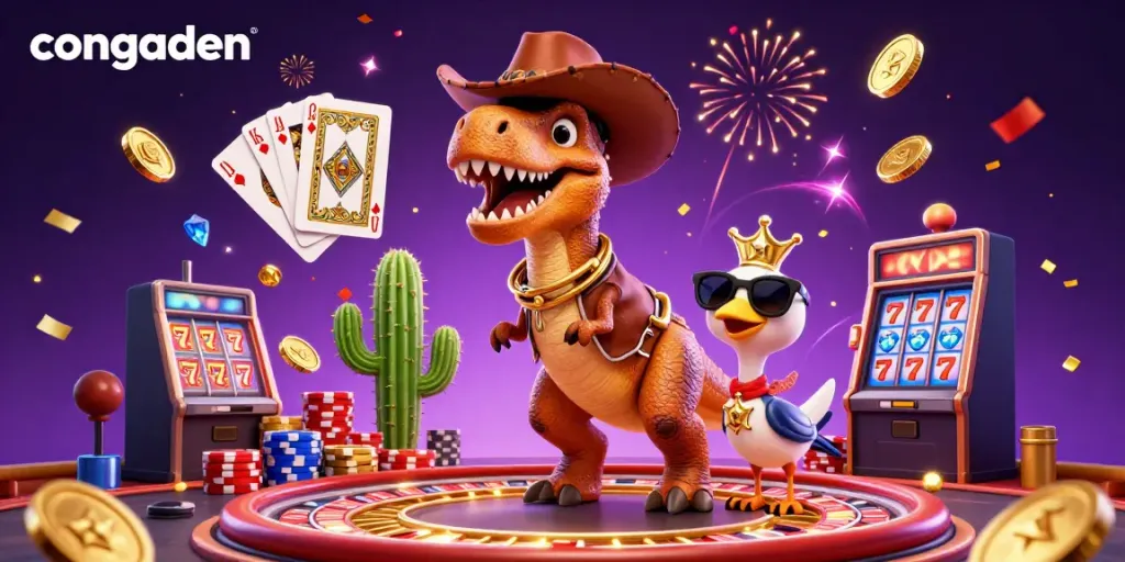Experience the thrill of congaden with a lively illustration featuring a T-Rex and casino elements.