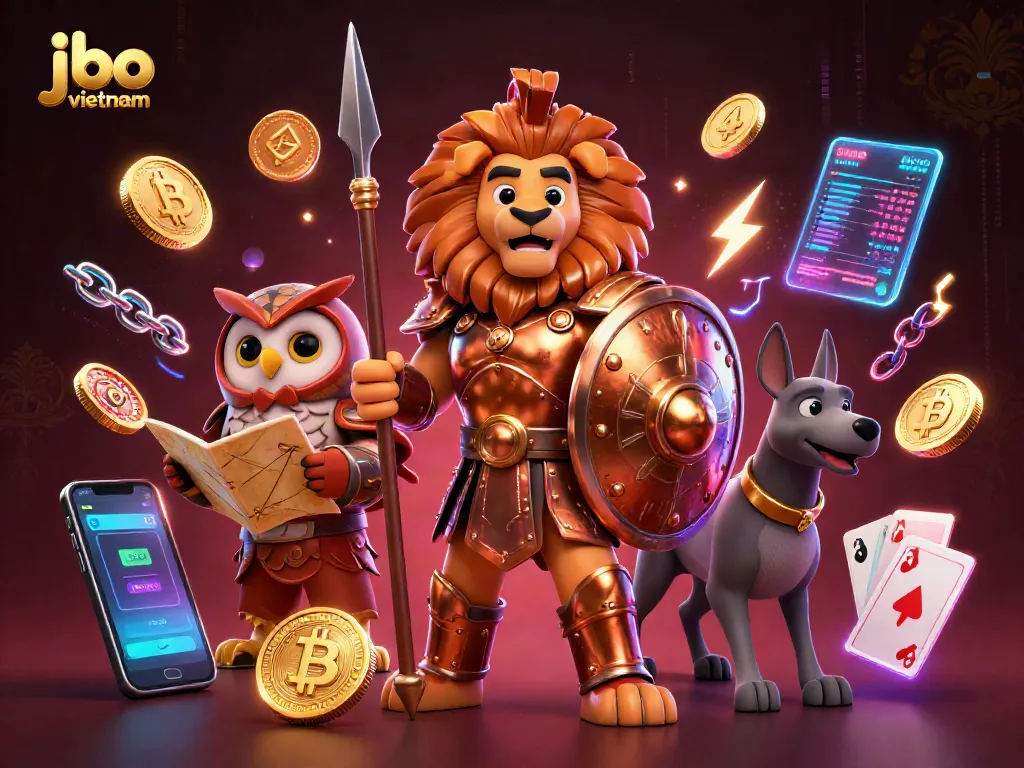 Spin to win at JBO Vietnam with a heroic lion and mystical characters in a thrilling casino scene!