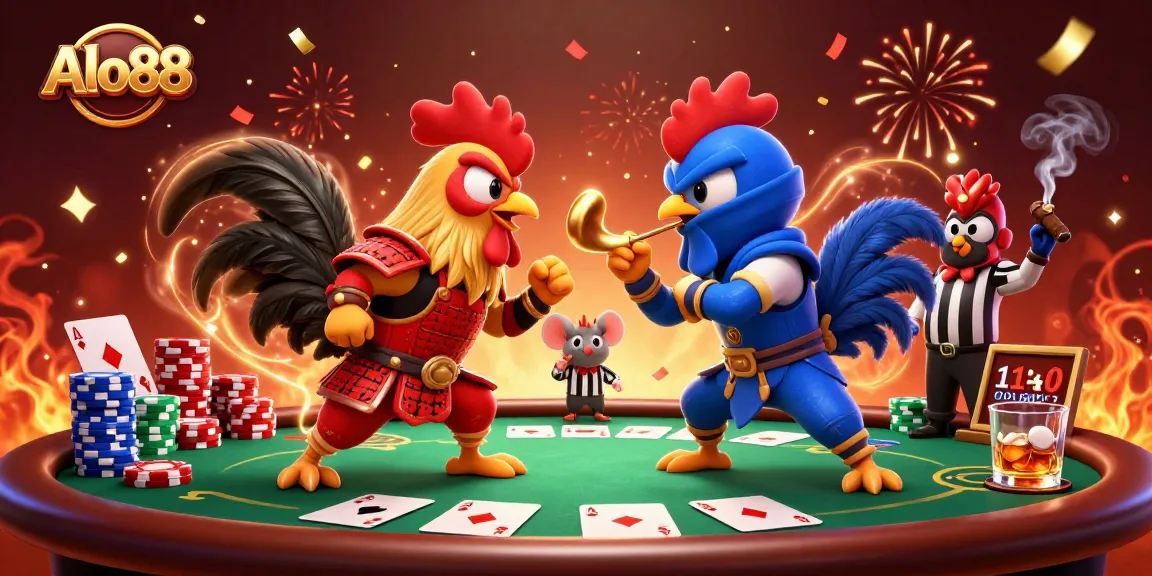 Alo88 showcases a vibrant standoff of twin roosters in a casino setting, emphasizing action-packed gambling.