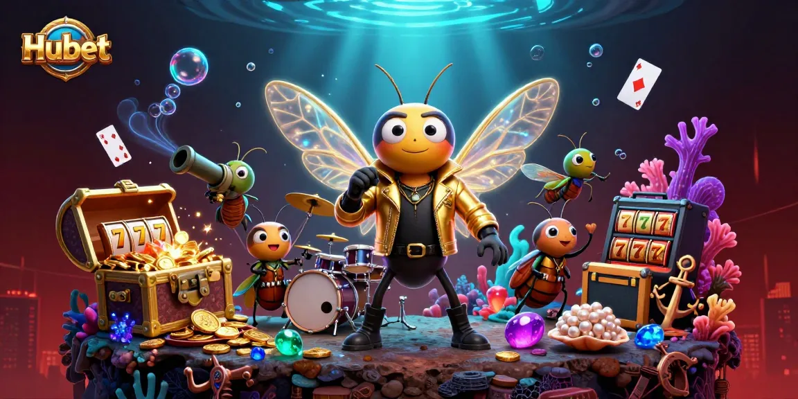 Experience Hubet's vibrant casino-themed illustration with a rock star cicada and treasure elements.