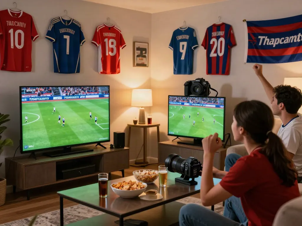 Fans enjoying live Thapcamtv soccer match in a vibrant home setting.