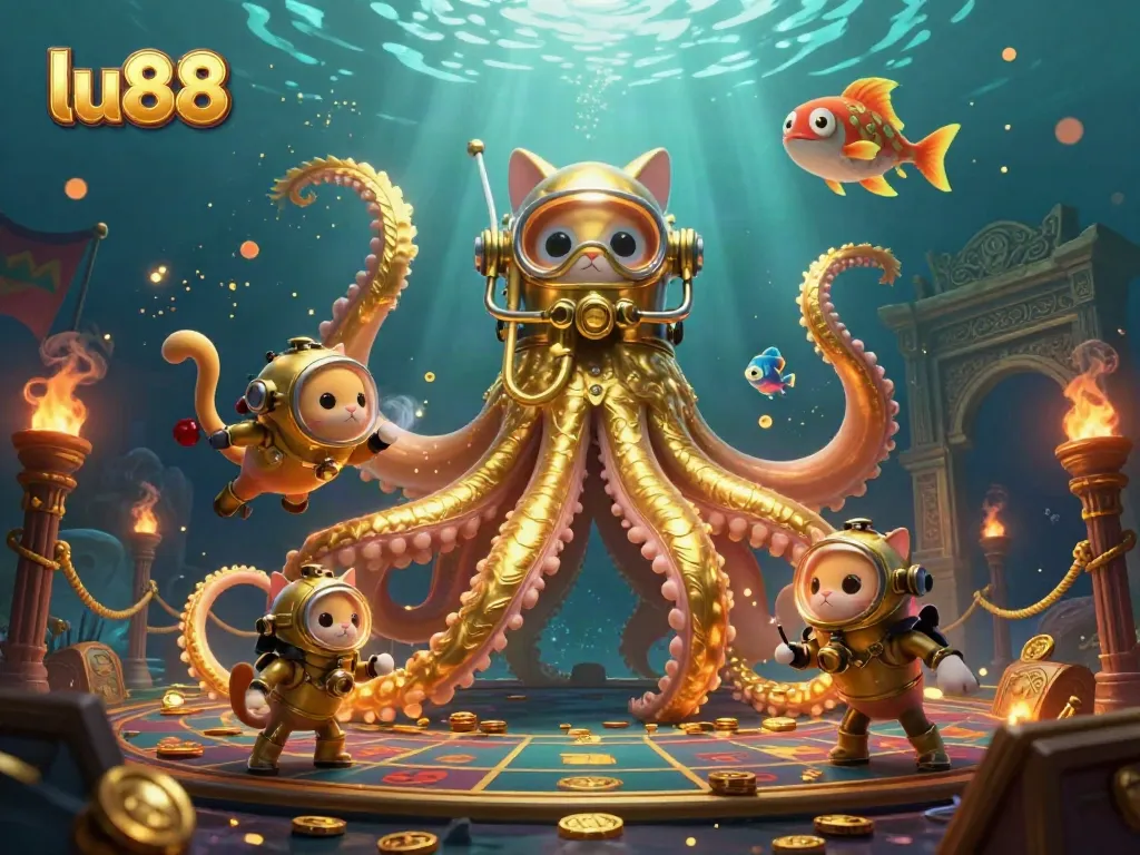 Experience the thrill of lu88 as the kraken reveals treasures in a vibrant underwater casino scene.