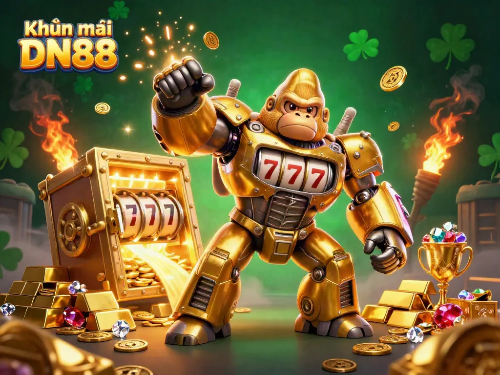 Experience thrilling Khuyến mãi DN88 with golden gorilla mech and treasure exploding in a casino.