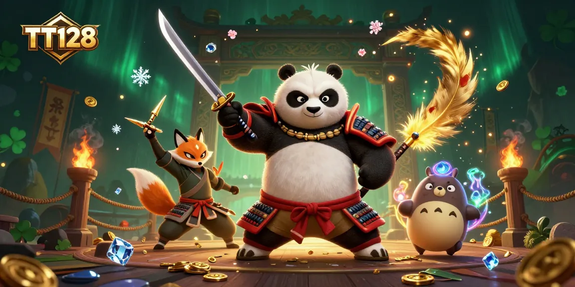 Engage with the thrilling TT128 online gaming experience featuring an action-packed 3D scene of samurai panda and ninja fox