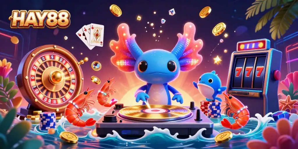 HAY88 features a neon-colored axolotl DJ and lively underwater party with riches and gaming elements.