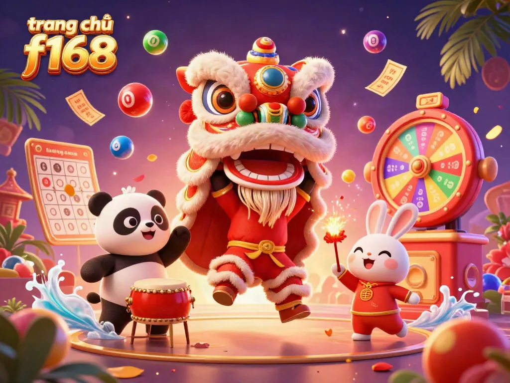 Experience the festive spirit with "trang chủ f168" as characters celebrate with dynamic lottery game action.