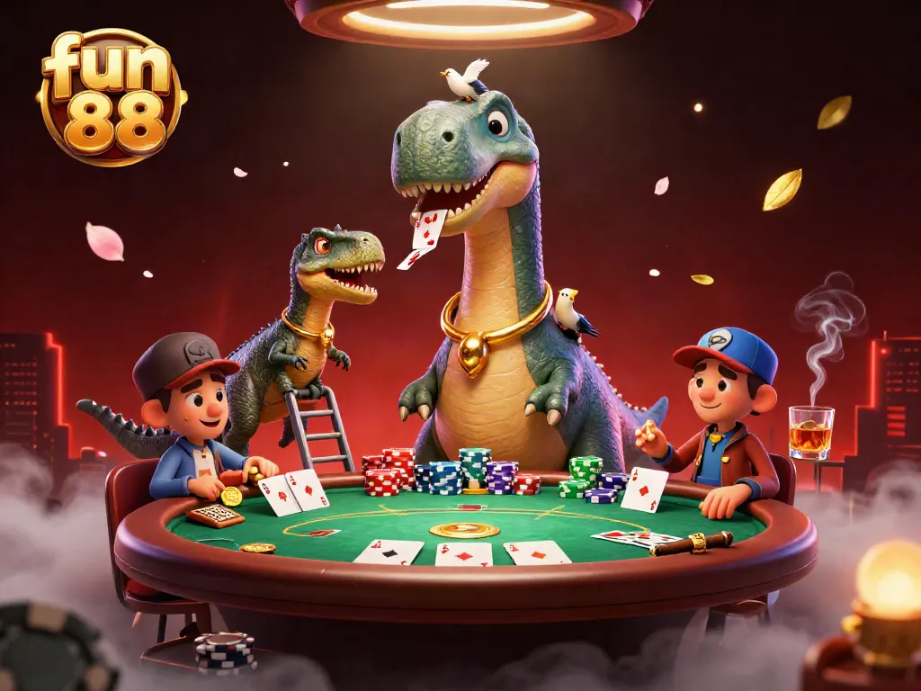Experience the thrill of fun 88 with a vibrant casino scene featuring a brontosaurus and raptor.