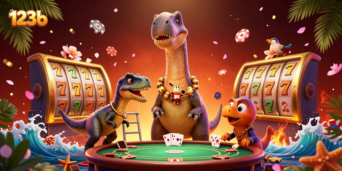 Experience 123b as a brontosaurus captivates at a vibrant casino table filled with action.