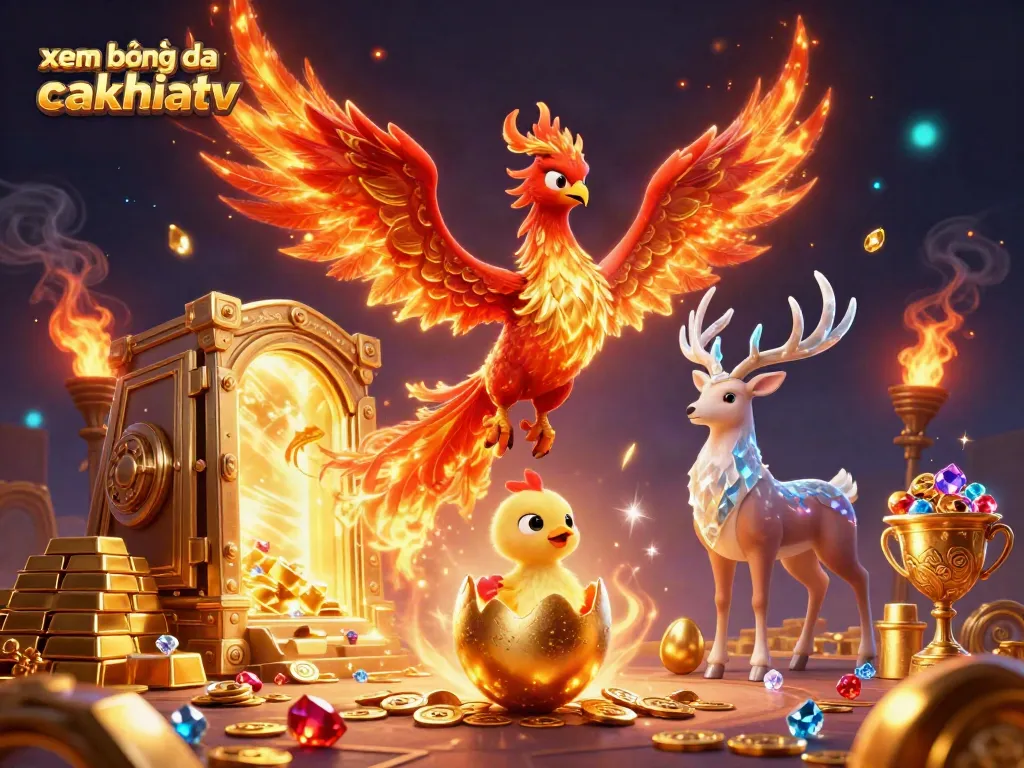 Xem bóng đá cakhiatv illustrated as a dynamic sports promotion featuring a phoenix and treasures alongside gambling elements.